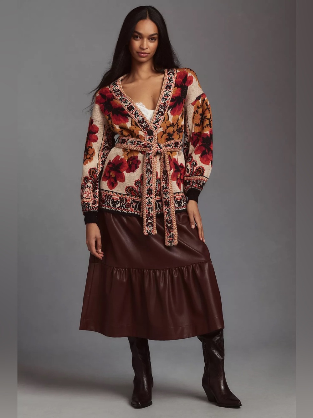 FARM RIO Sand Winter Tapestry Knit Cardigan Belted Sweater Cream Red Floral - Picture 3 of 15